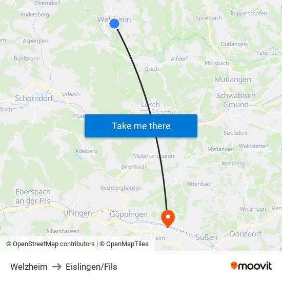 Welzheim to Eislingen/Fils map