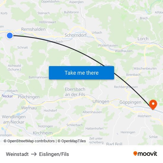Weinstadt to Eislingen/Fils map