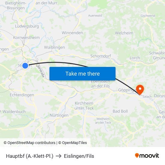 Hauptbf (A.-Klett-Pl.) to Eislingen/Fils map