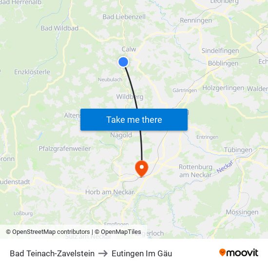 Bad Teinach-Zavelstein to Eutingen Im Gäu map