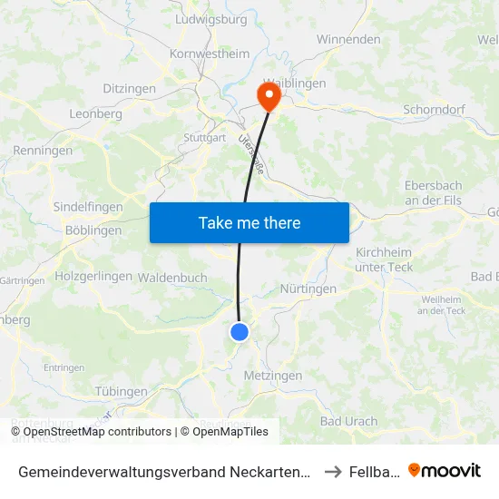 Gemeindeverwaltungsverband Neckartenzlingen to Fellbach map