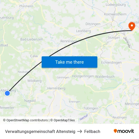 Verwaltungsgemeinschaft Altensteig to Fellbach map