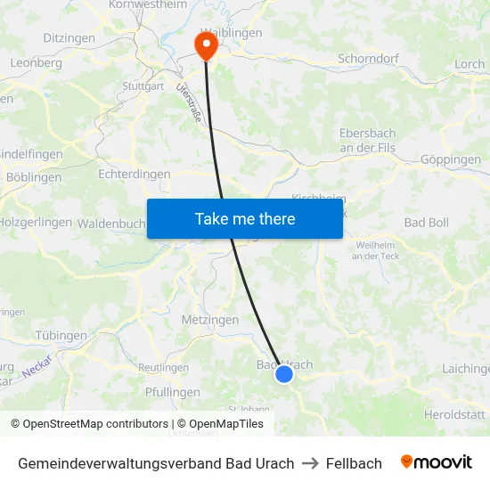 Gemeindeverwaltungsverband Bad Urach to Fellbach map