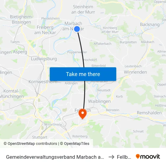 Gemeindeverwaltungsverband Marbach am Neckar to Fellbach map