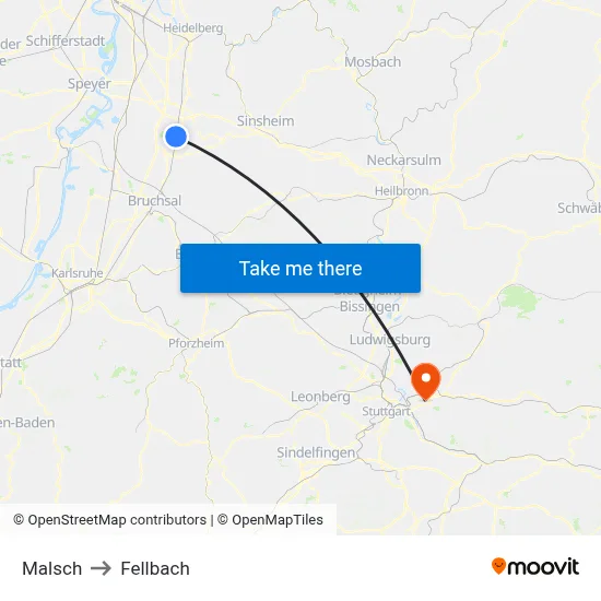 Malsch to Fellbach map