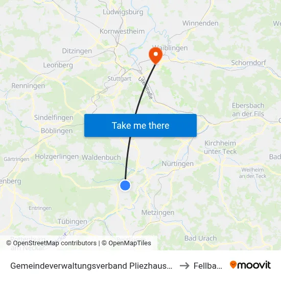 Gemeindeverwaltungsverband Pliezhausen to Fellbach map