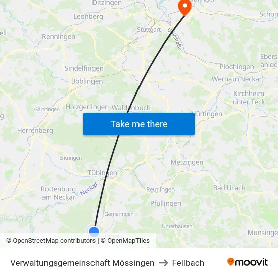 Verwaltungsgemeinschaft Mössingen to Fellbach map