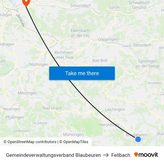 Gemeindeverwaltungsverband Blaubeuren to Fellbach map