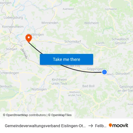 Gemeindeverwaltungsverband Eislingen-Ottenbach-Salach to Fellbach map