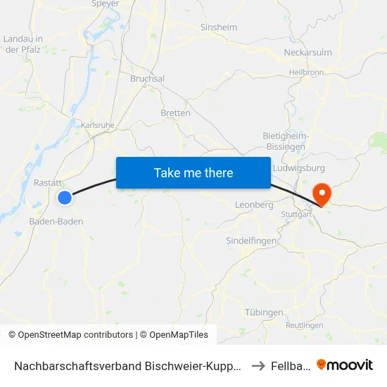 Nachbarschaftsverband Bischweier-Kuppenheim to Fellbach map