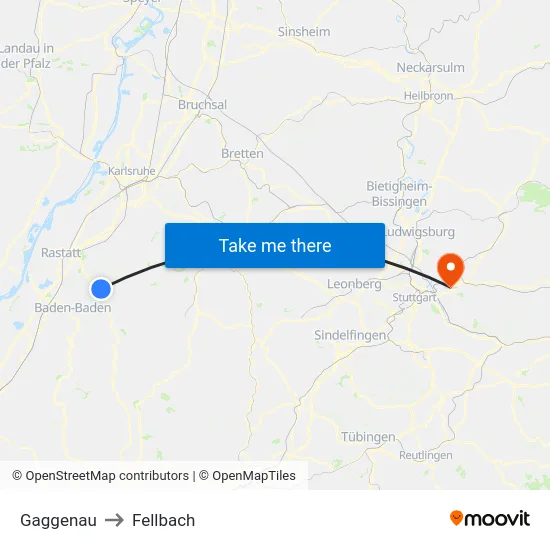 Gaggenau to Fellbach map