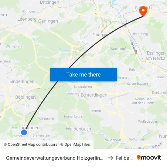 Gemeindeverwaltungsverband Holzgerlingen to Fellbach map