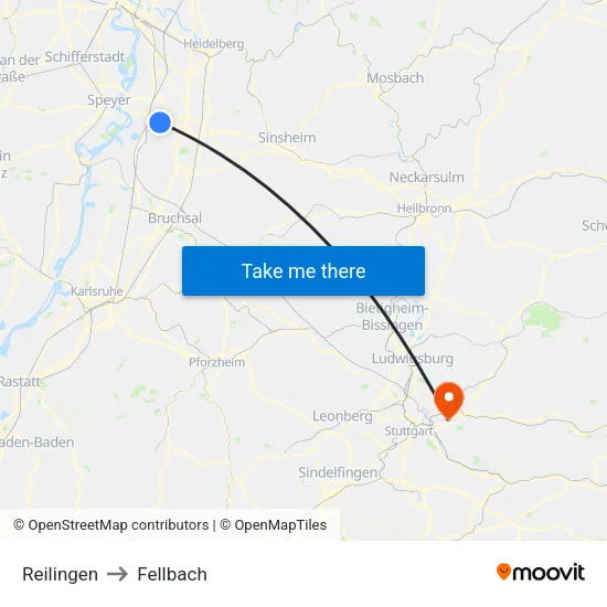 Reilingen to Fellbach map