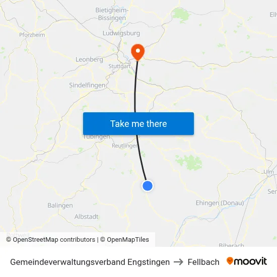 Gemeindeverwaltungsverband Engstingen to Fellbach map