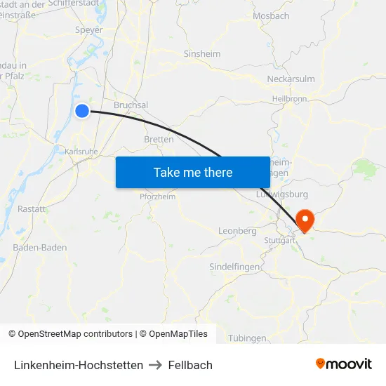 Linkenheim-Hochstetten to Fellbach map