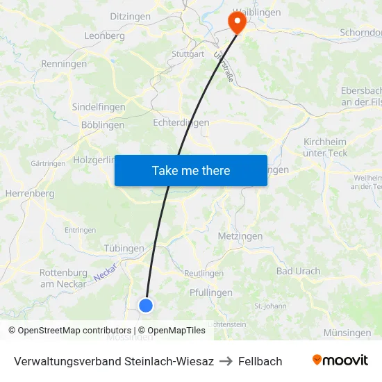 Verwaltungsverband Steinlach-Wiesaz to Fellbach map