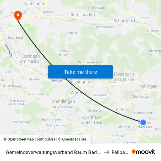 Gemeindeverwaltungsverband Raum Bad Boll to Fellbach map