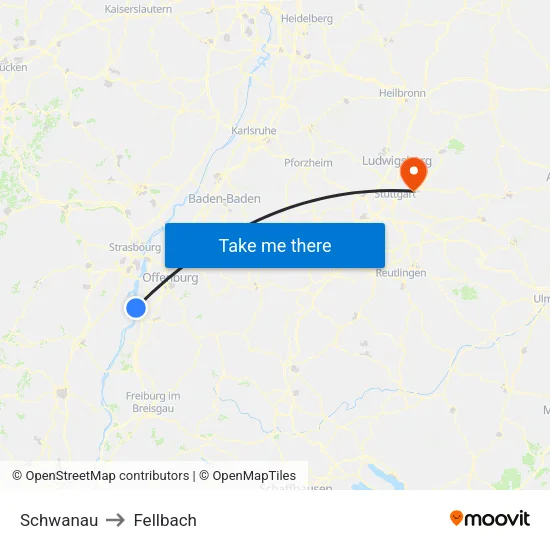Schwanau to Fellbach map