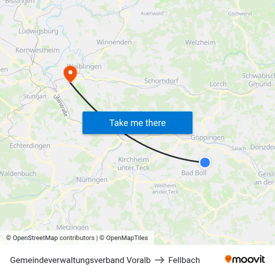 Gemeindeverwaltungsverband Voralb to Fellbach map