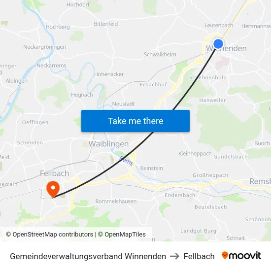 Gemeindeverwaltungsverband Winnenden to Fellbach map