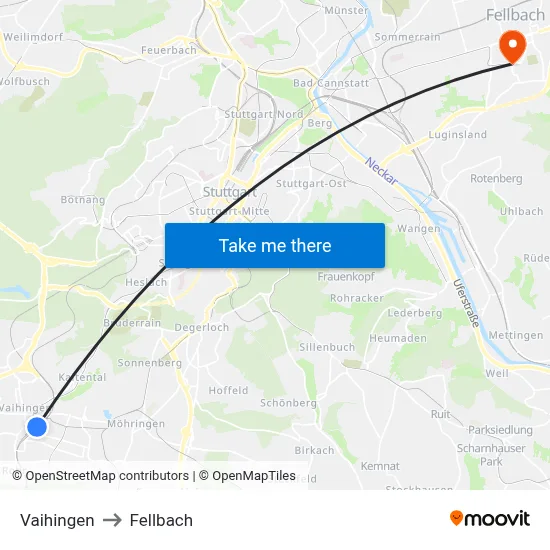 Vaihingen to Fellbach map