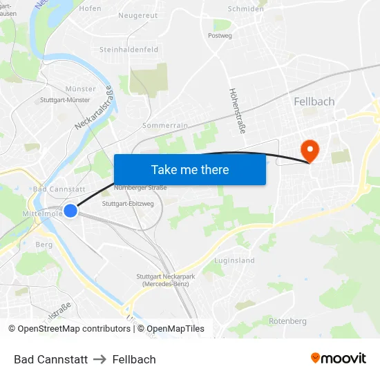Bad Cannstatt to Fellbach map