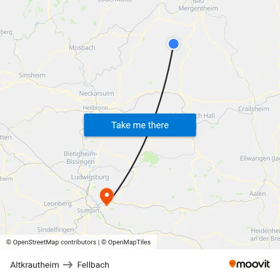 Altkrautheim to Fellbach map