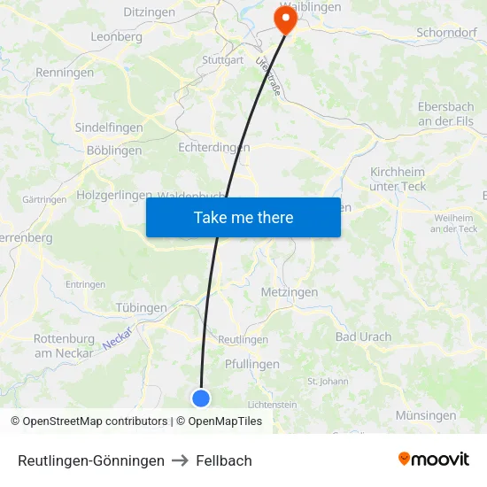 Reutlingen-Gönningen to Fellbach map