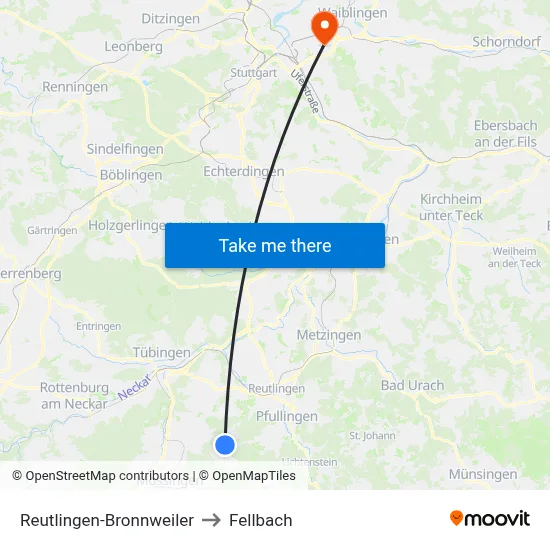 Reutlingen-Bronnweiler to Fellbach map