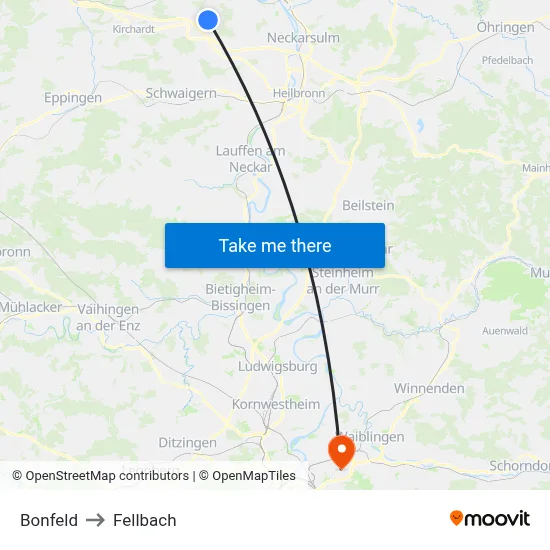 Bonfeld to Fellbach map