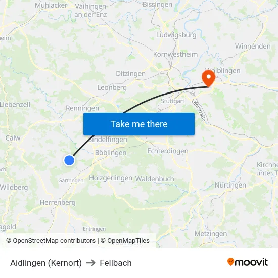 Aidlingen (Kernort) to Fellbach map