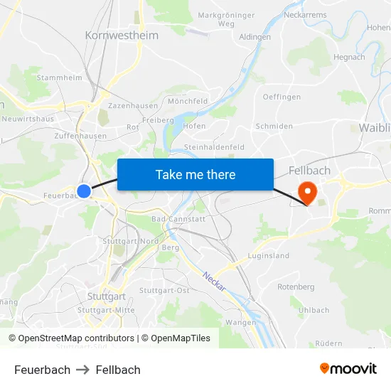 Feuerbach to Fellbach map