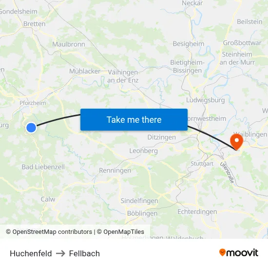 Huchenfeld to Fellbach map