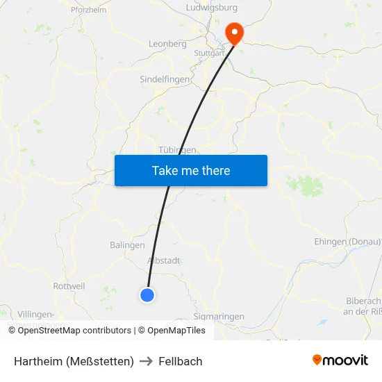Hartheim (Meßstetten) to Fellbach map