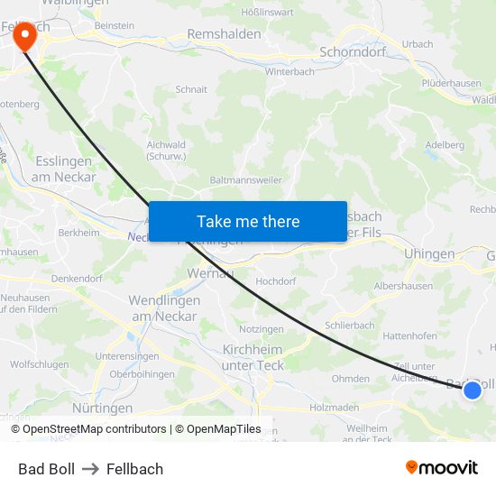 Bad Boll to Fellbach map