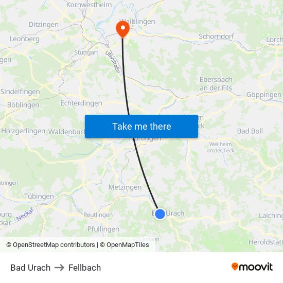 Bad Urach to Fellbach map