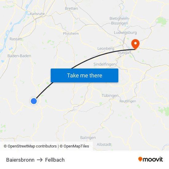 Baiersbronn to Fellbach map