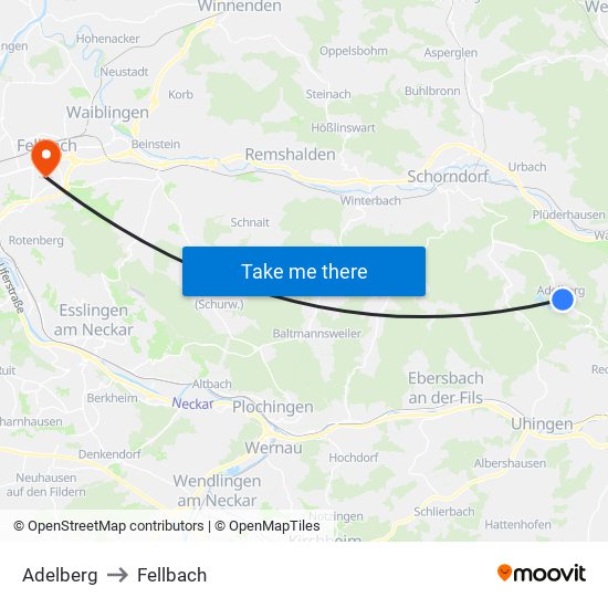 Adelberg to Fellbach map