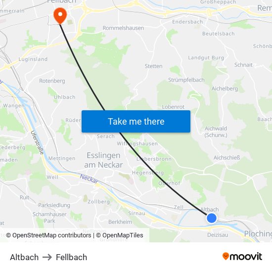 Altbach to Fellbach map