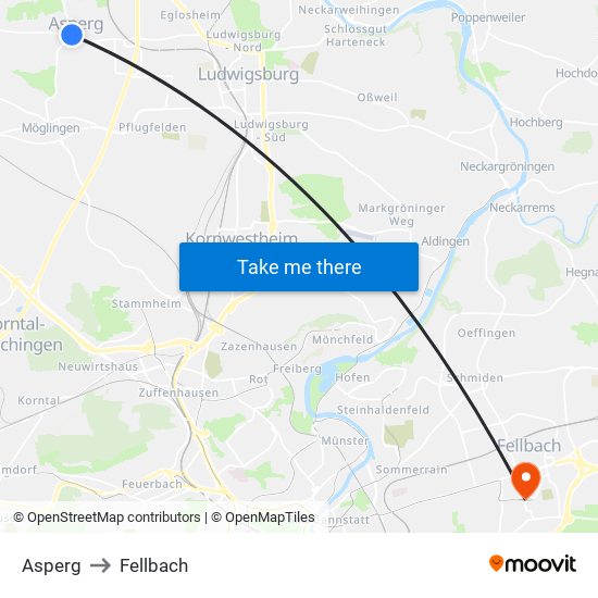 Asperg to Fellbach map