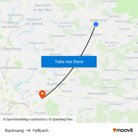 Backnang to Fellbach map