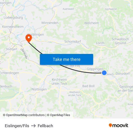 Eislingen/Fils to Fellbach map