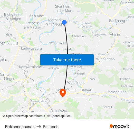 Erdmannhausen to Fellbach map