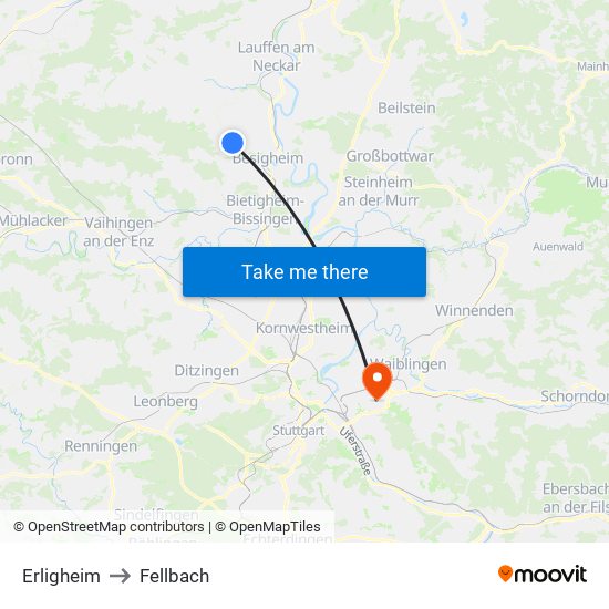Erligheim to Fellbach map