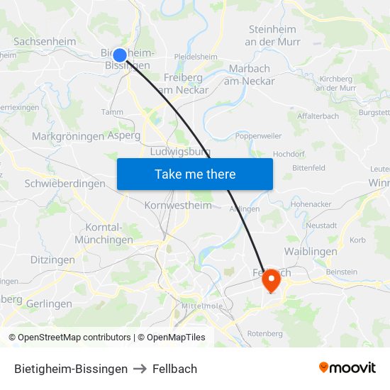 Bietigheim-Bissingen to Fellbach map