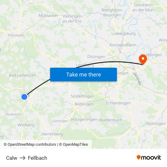 Calw to Fellbach map