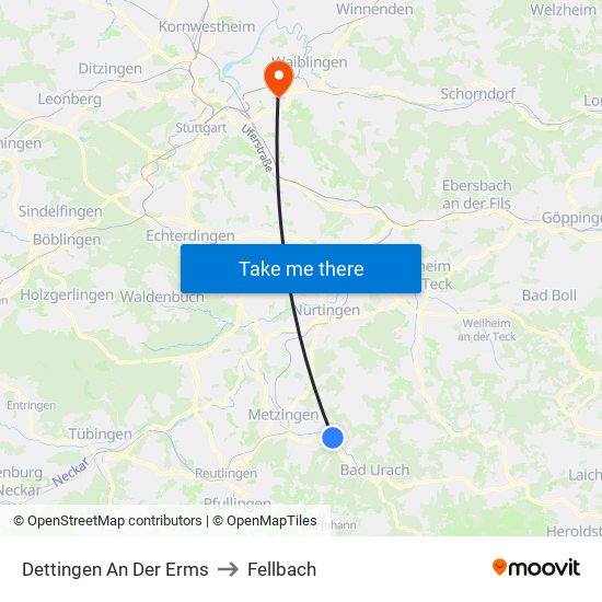 Dettingen An Der Erms to Fellbach map