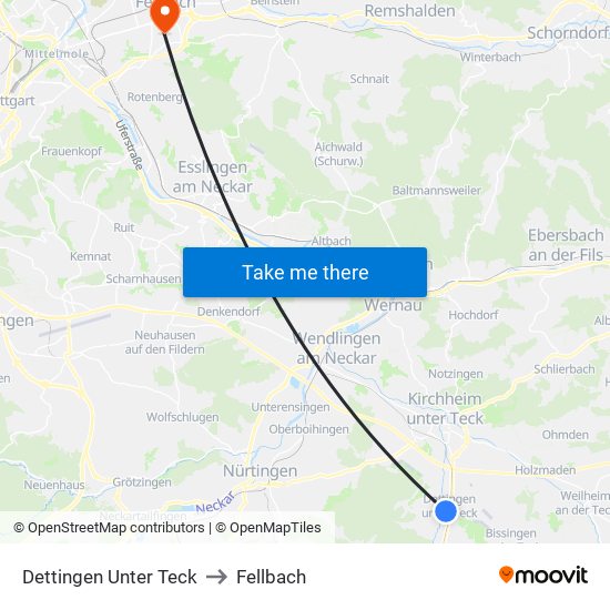 Dettingen Unter Teck to Fellbach map