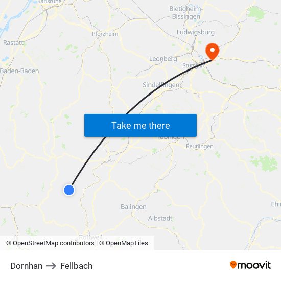 Dornhan to Fellbach map