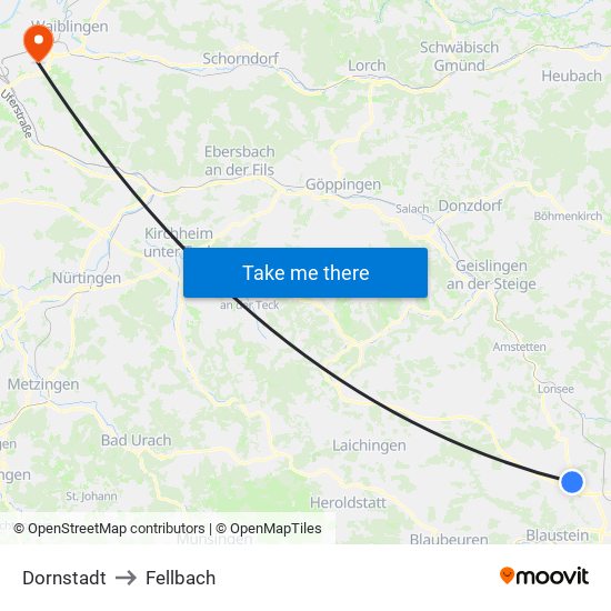 Dornstadt to Fellbach map